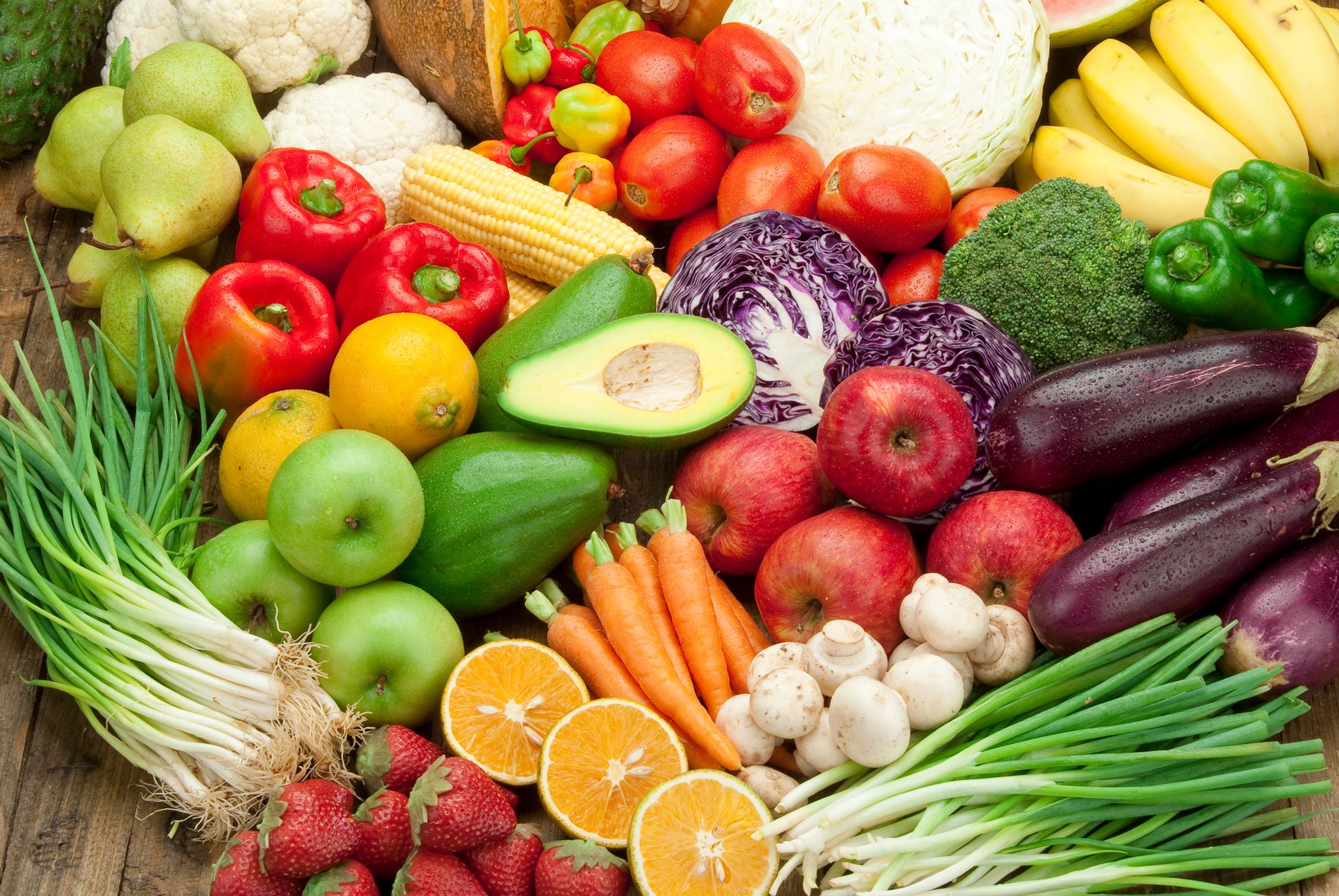 Assortment of fruits and veggies shoot from above